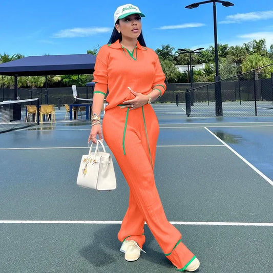 Active Wear Knitted Casual Tracksuit for Women Two Piece Set Sporty Fitness Striped Sweater Top and Wide Leg Pants Jogging Femme