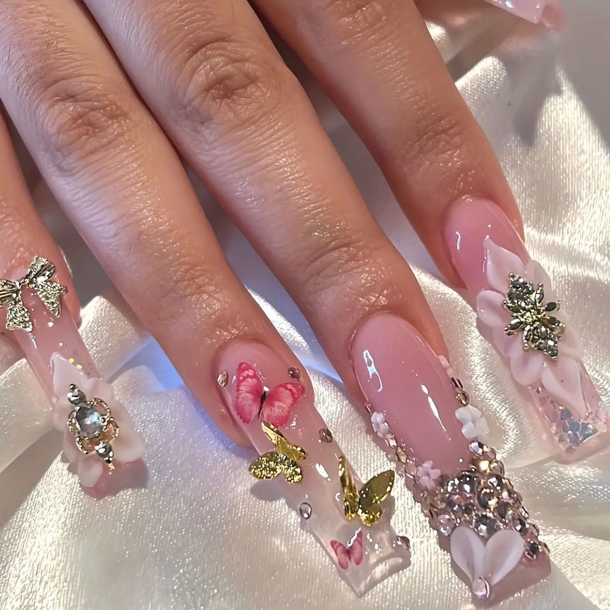 24 faux ongles carrés longs à poser avec imprimé léopard, design français 3D cerise, strass, couvrant entièrement