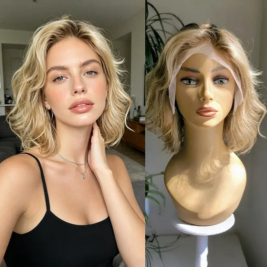 Synthetic Lace Front Wig Short Wavy Bob Wig for Women Blonde Highlights Glueless HD 13X4 Lace Front Wig Pre Plucked Middle Part