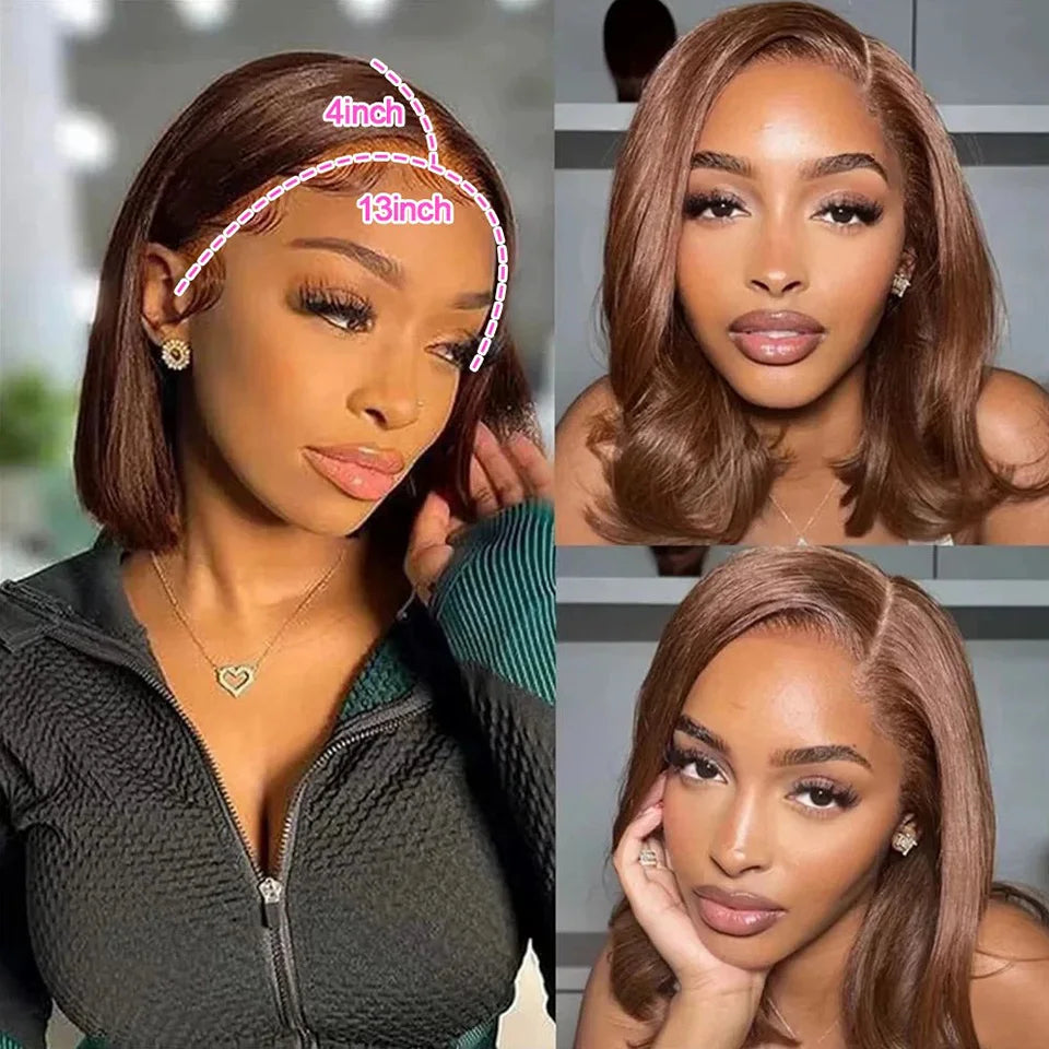 Perruque Bob Brune Chocolat Lisse 4X4 Frontal en Dentelle HD Lisse Ligne Naturelle Cheveux Pré épilés Cheveux Humains  16 pouces