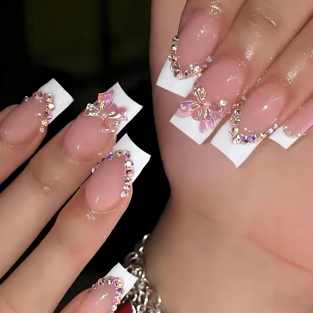 24 pièces ongles faux français cercueil longs rétro fleurs perles caviar design floral doré creux press on Y2k acrylique faux ongles