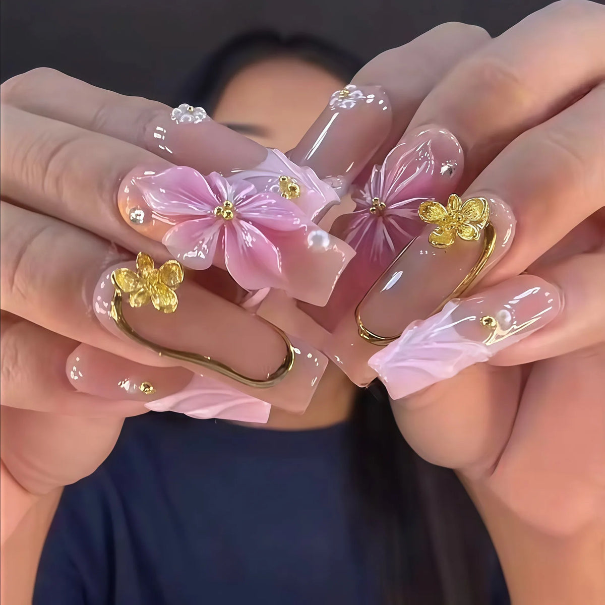 24 faux ongles carrés longs à poser avec imprimé léopard, design français 3D cerise, strass, couvrant entièrement