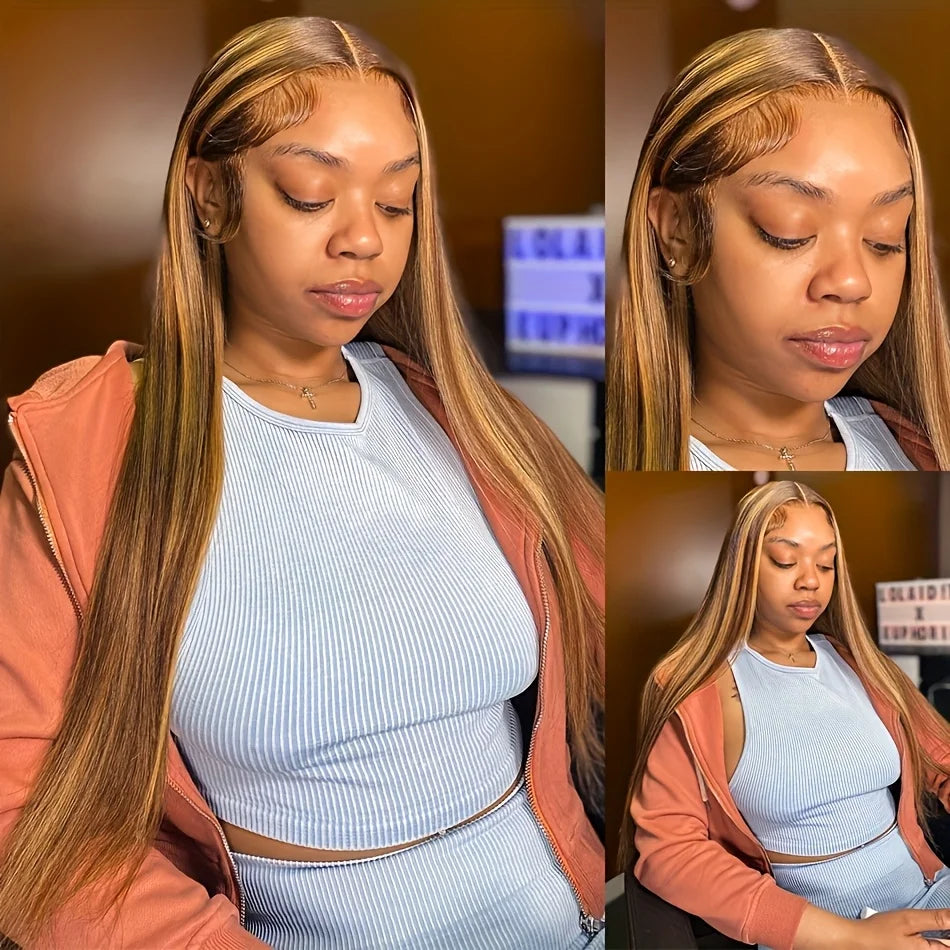 Straight Human Hair Wigs Highlight Ombre 13X6 Hd Lace Frontal Wig Human Hair 200 Density 13X4 Preplucked Brazilian Hair Wig