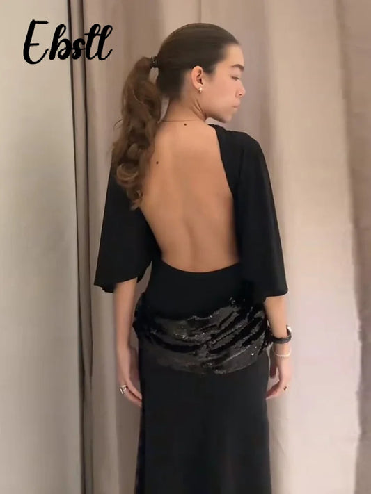 Sexy Sequins Splicing Backless Dresses Women's Elegant Short Sleeve O-neck Ribbons Long Robes 2026 Spring New Ladies Chic Dress