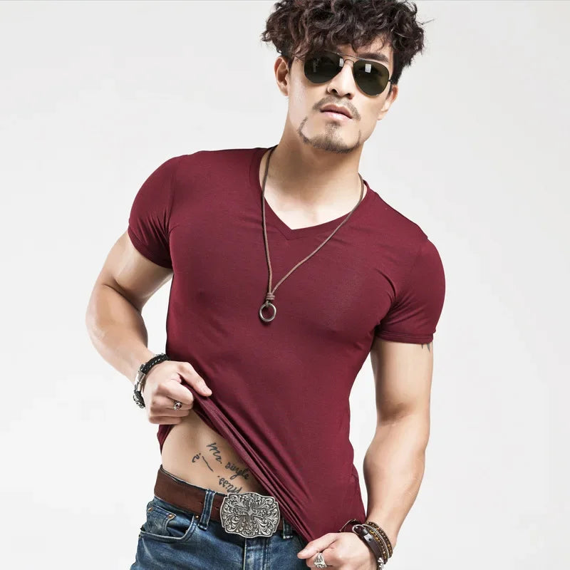 2026 Brand New Men T-Shirt Tops V-neck Short Sleeve Tees Men's Fashion Fitness Hot T-shirt For Male Man T-shirt Size 5XL