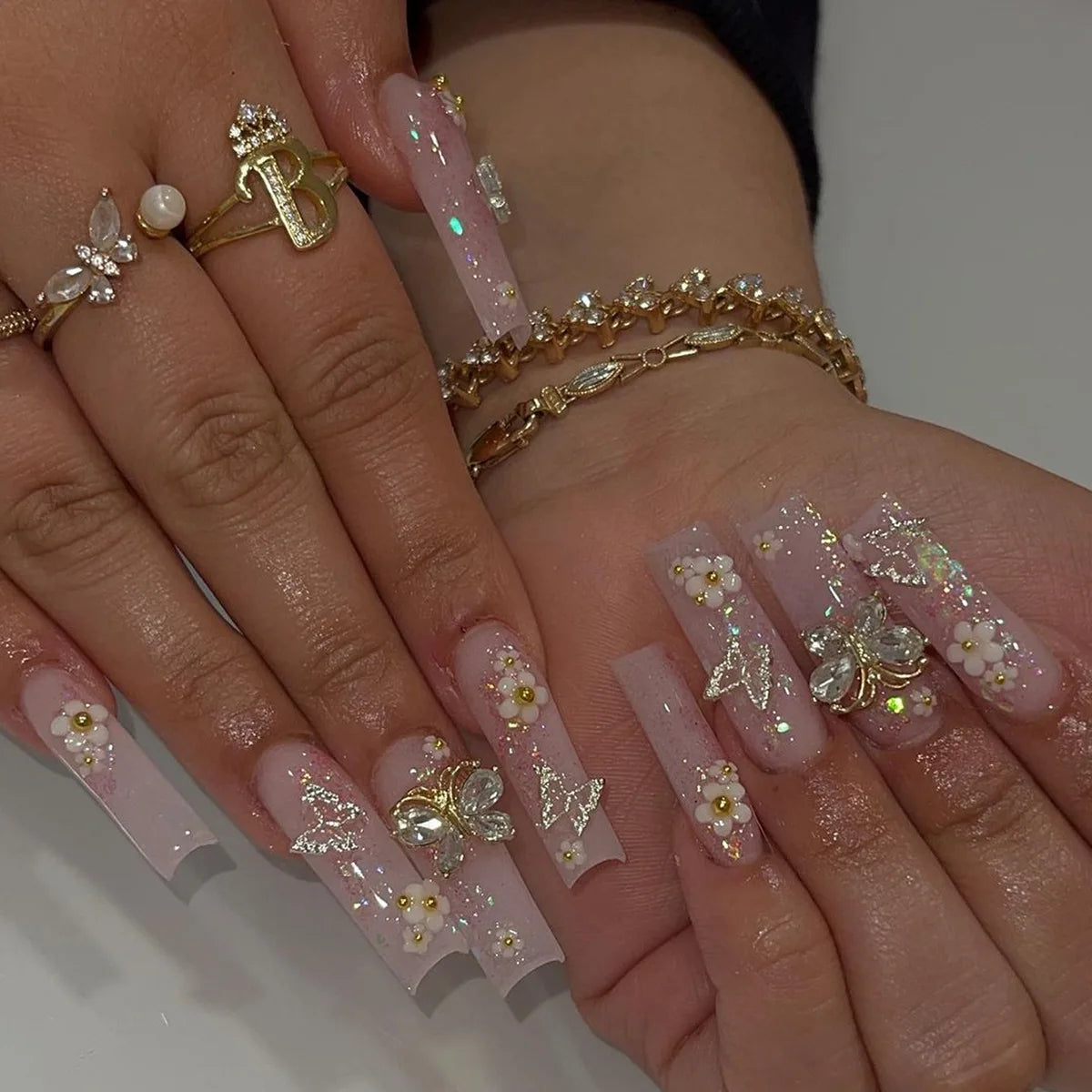 24 faux ongles carrés longs à poser avec imprimé léopard, design français 3D cerise, strass, couvrant entièrement