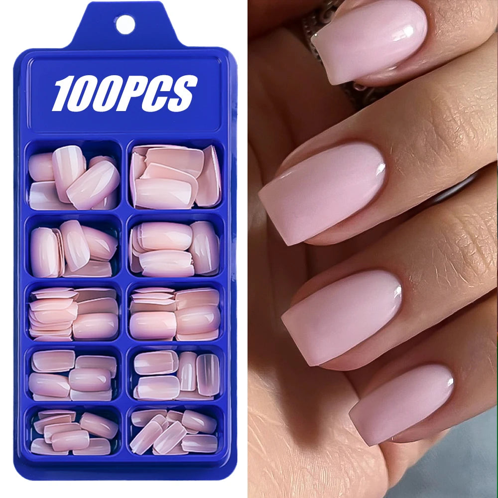 100 pcs d’ongles press-on rose clair, courts à moyens, carrés, faux ongles portables, 10 tailles, couverture complète, décoration pour doigts