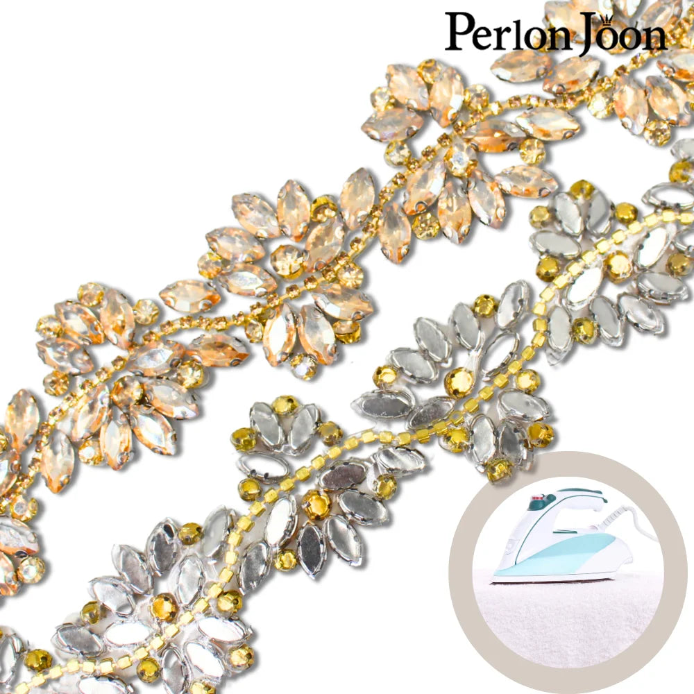 1Yard Hot Fix Cristal Flower Gold Iron On Rhinestone Applique Garment Dresses Bridal Headbands Bag Decoration Accessorie TR170