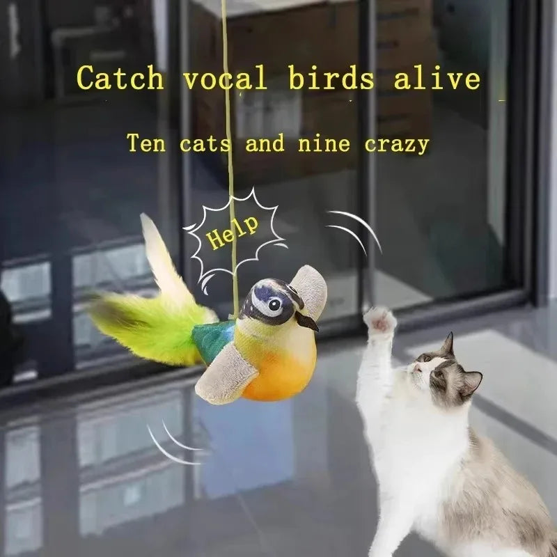 The pet cat toy emulates the sound of a bird to amuse the cat, with an elastic rope to relieve boredom and resist scratching and biting.