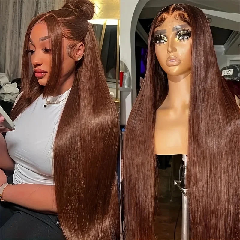 34 Inch #4 Chocolate Brown Straight Lace Front Wigs 13x6 HD Lace Frontal Wig 13x4 Pre Plucked Brazilian Remy Human Hair Wigs 200% 220% Density
