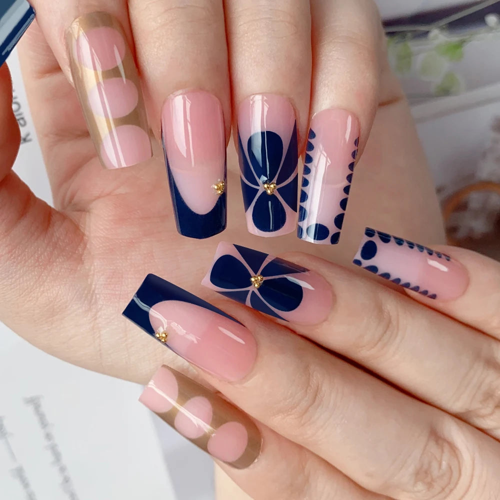 24 pièces ongles faux français cercueil longs rétro fleurs perles caviar design floral doré creux press on Y2k acrylique faux ongles