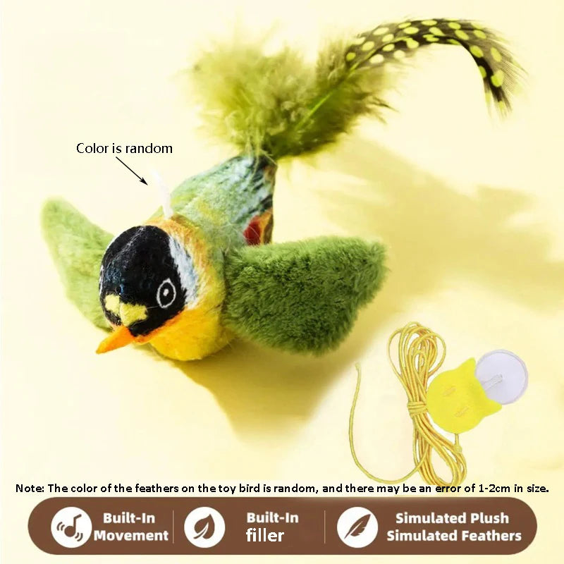 The pet cat toy emulates the sound of a bird to amuse the cat, with an elastic rope to relieve boredom and resist scratching and biting.