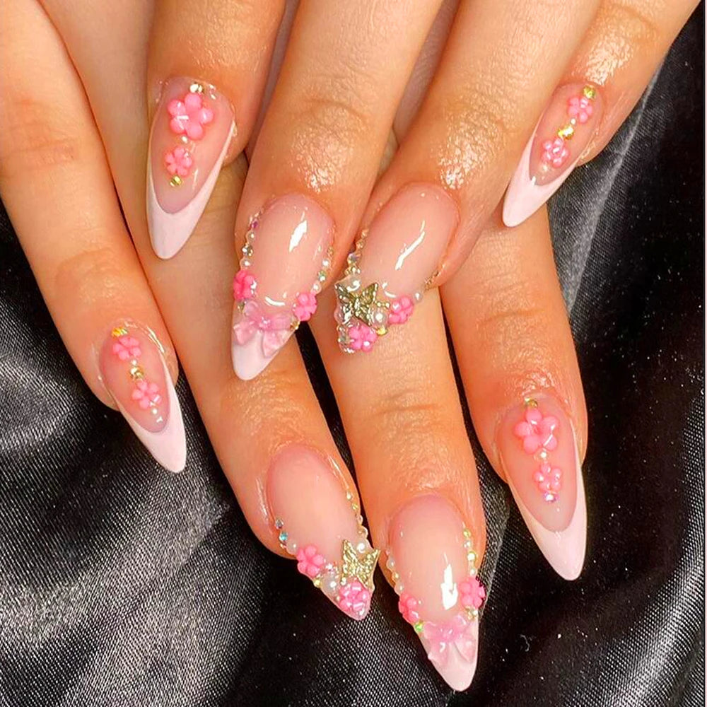 24 pièces ongles faux français cercueil longs rétro fleurs perles caviar design floral doré creux press on Y2k acrylique faux ongles