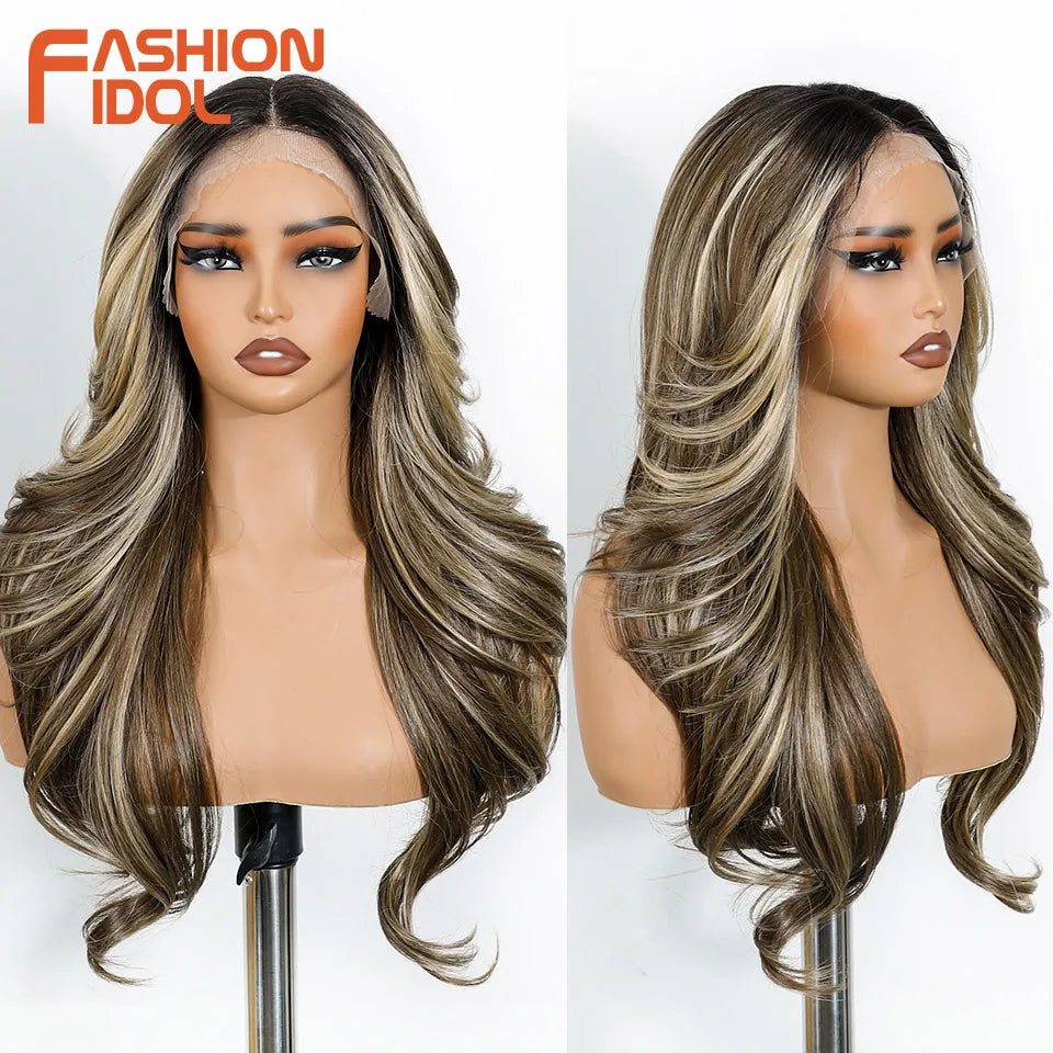 FASHION IDOL 24 Inch Long Loose Body Wavy Lace Front Wigs For Women Pre-Cut Pre Plucked Lace Wigs Ombre Blonde White Cosplay Wig