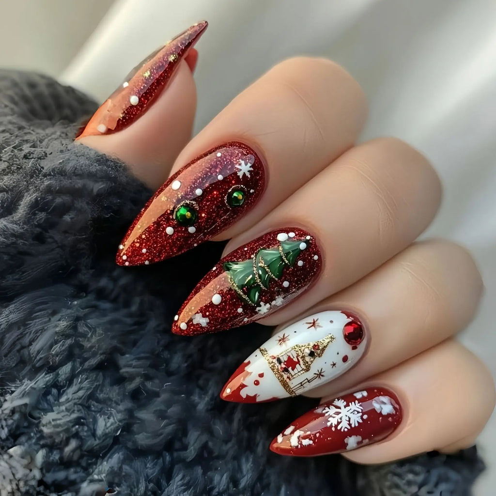 Ongles artificiels moyens pour la fête de Noël flocons de neige sapin Père Noël lutin amande ensemble d'ongles carrés à presser