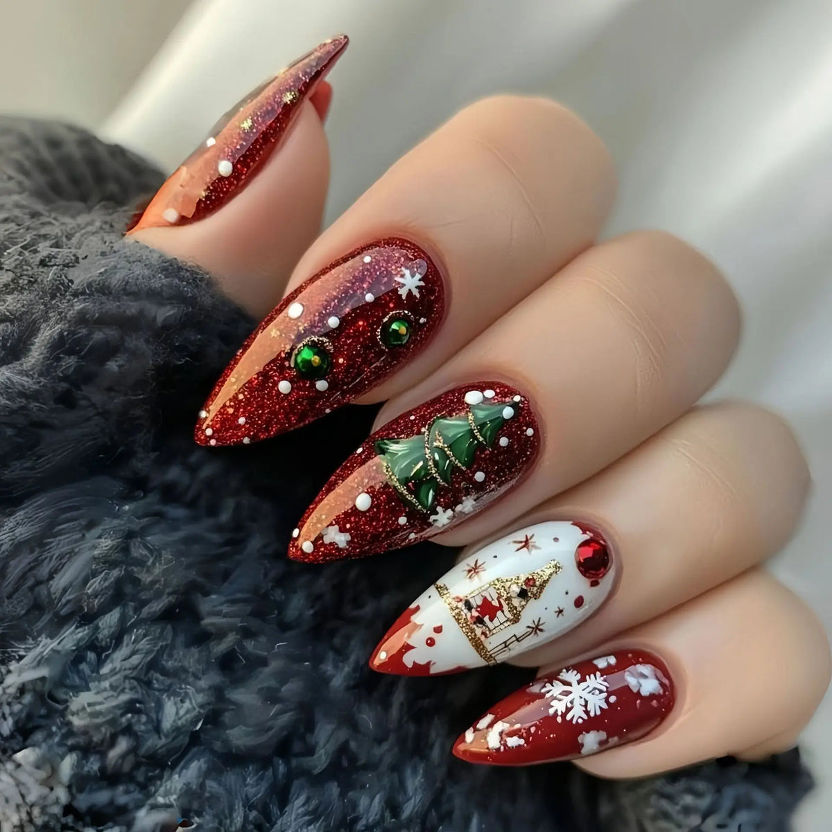 Ongles artificiels moyens pour la fête de Noël flocons de neige sapin Père Noël lutin amande ensemble d'ongles carrés à presser
