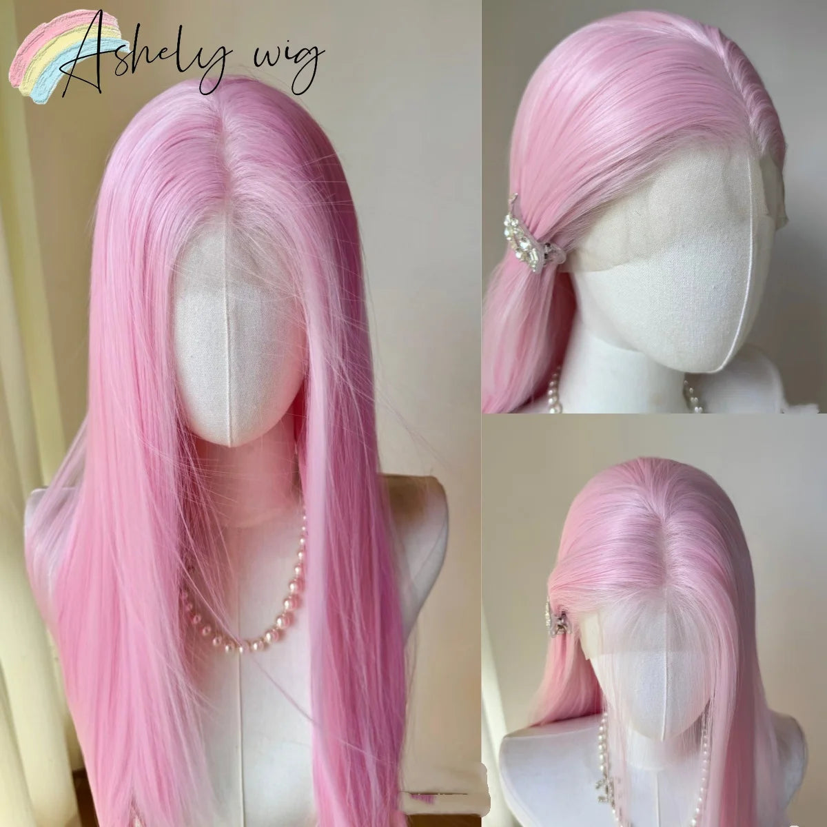 Perruque rose clair pour femmes 13x4 Lace Front, perruque synthétique longue droite de 26 pouces, fibre douce et résistante à la chaleur, perruque cosplay