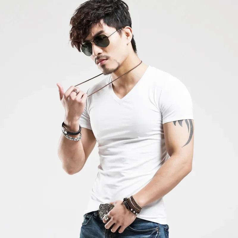 2026 Brand New Men T-Shirt Tops V-neck Short Sleeve Tees Men's Fashion Fitness Hot T-shirt For Male Man T-shirt Size 5XL