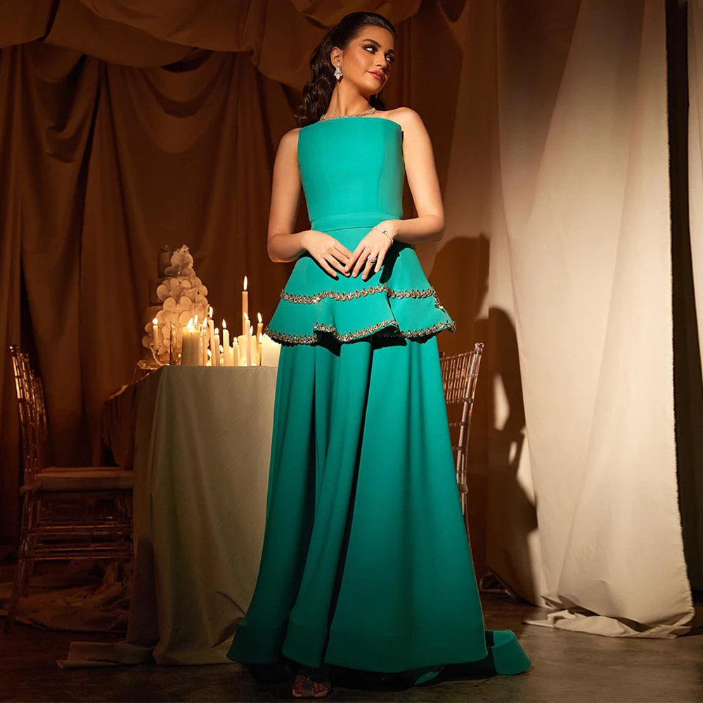 Green Evening Dress Crystals Customized Peplum Occasion Dresses Strapless Sleeveless Sweep Train A Line Corset Saudi Prom Gown