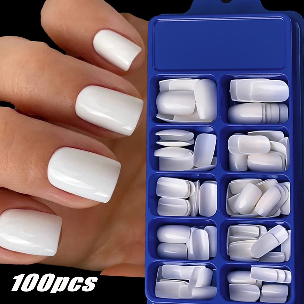 100 pcs d’ongles press-on rose clair, courts à moyens, carrés, faux ongles portables, 10 tailles, couverture complète, décoration pour doigts