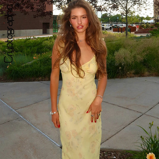 Cryptographic Summer Floral Print Plunge Maxi Dress Outfits Sexy Backless Fairy Sun Dresses Vacation Beachwear Coquette Dress
