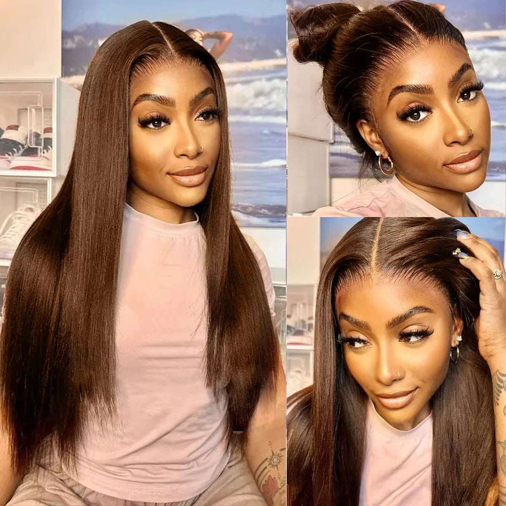 #4 Chocolate Brown Colored Lace Straight Wig 13x6 Transparent Lace Frontal Wig 13x4 HD Lace Pre-Plucked Brazilian Human Hair Wig