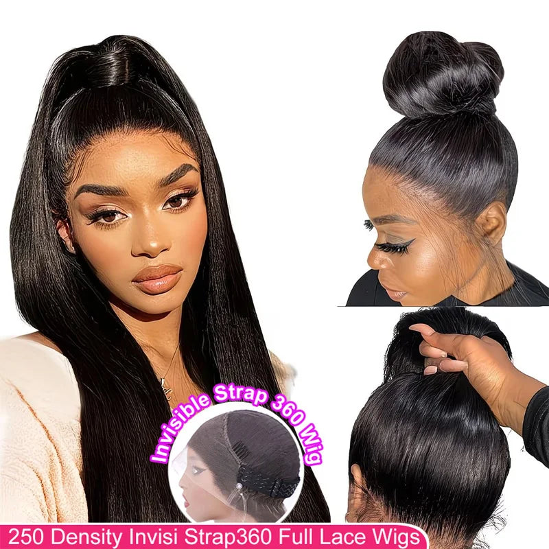 360 Straight Lace Frontal Wig Glueless Pull-and-Go Wig Drawstring Human Hair 250 Density Hidden Strap Invisible Lace Wig Pre-Plucked