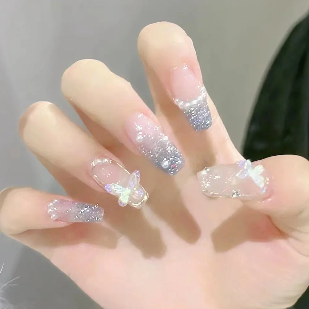 24 pièces ongles en acrylique moyens longs faux ongles amovibles français ensemble de faux ongles à porter couverture complète ballet press-on & 7Y