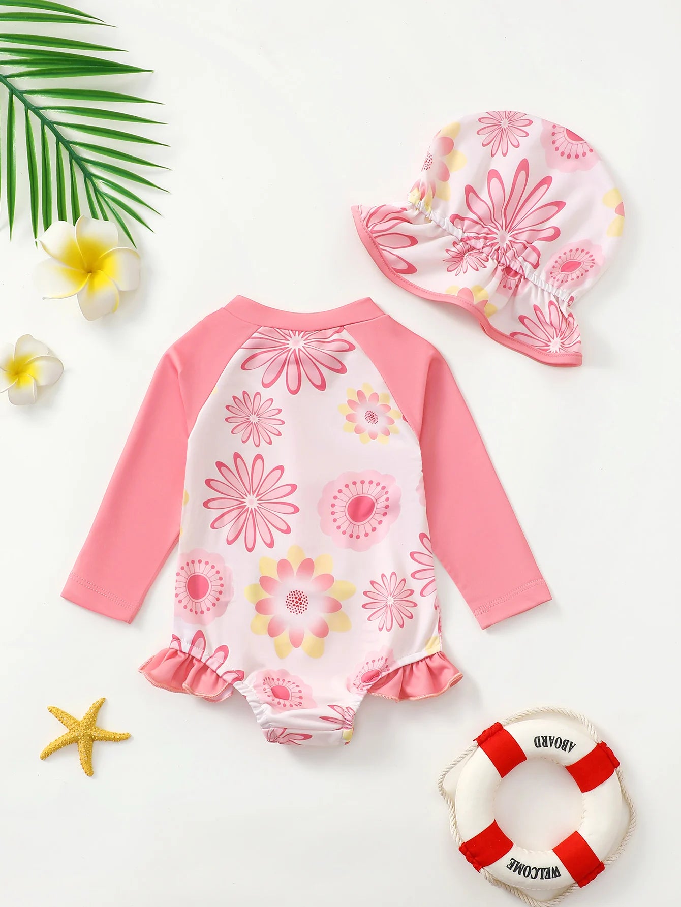Baby Girl Summer Cute Flower Long Sleeve Onesie Swimsuit with Sun Hat Infant Swimming Suit with UV Protection