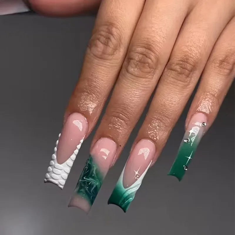 24 faux ongles carrés longs à poser avec imprimé léopard, design français 3D cerise, strass, couvrant entièrement