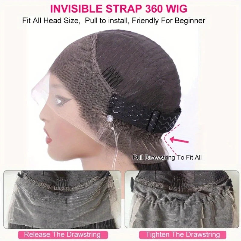 360 Straight Lace Frontal Wig Glueless Pull-and-Go Wig Drawstring Human Hair 250 Density Hidden Strap Invisible Lace Wig Pre-Plucked