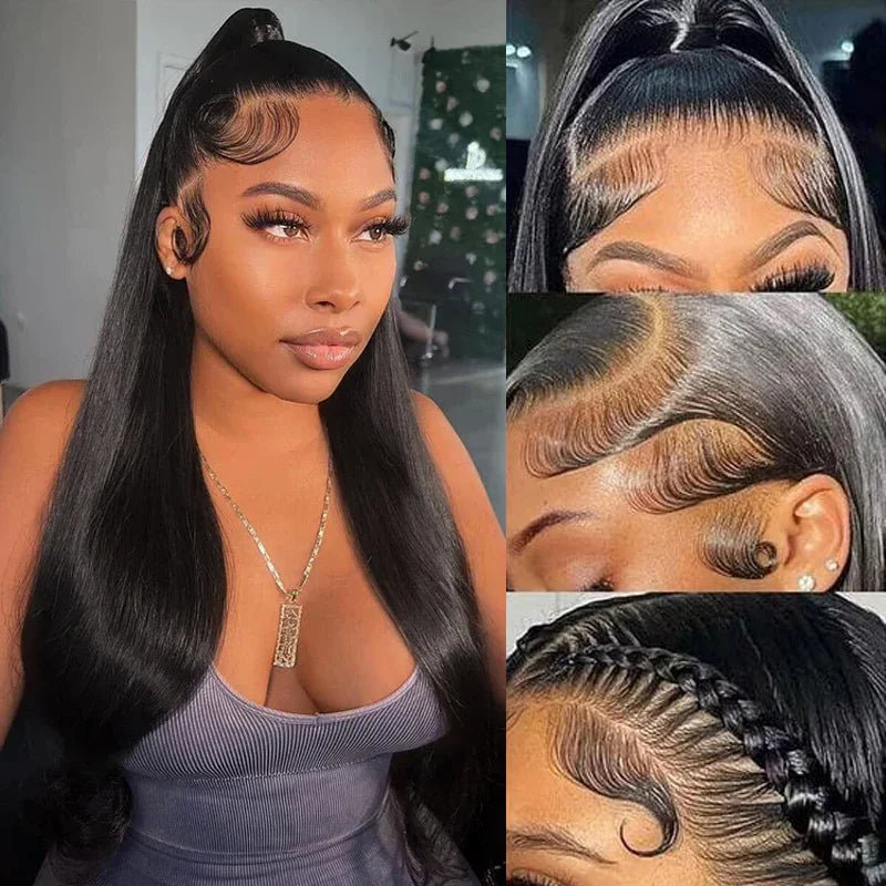 360 Straight Lace Frontal Wig Glueless Pull-and-Go Wig Drawstring Human Hair 250 Density Hidden Strap Invisible Lace Wig Pre-Plucked
