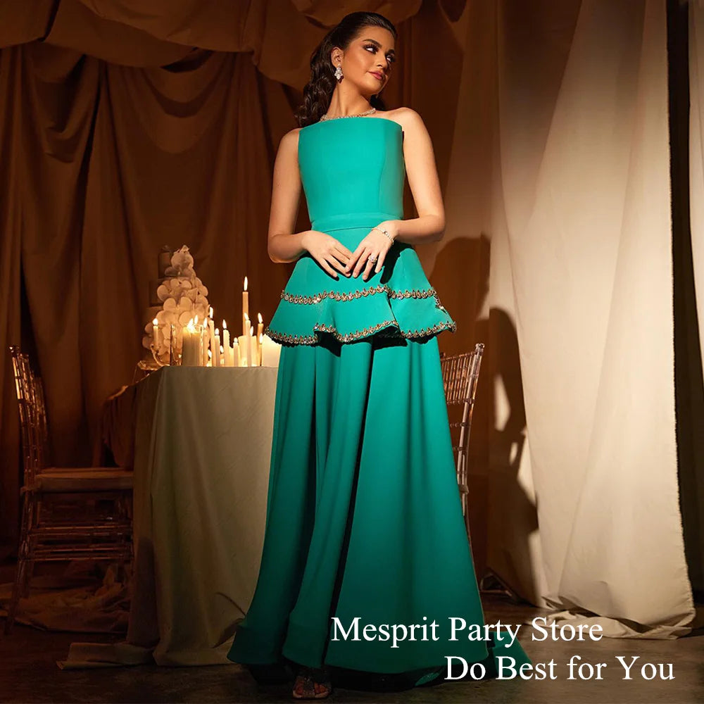 Green Evening Dress Crystals Customized Peplum Occasion Dresses Strapless Sleeveless Sweep Train A Line Corset Saudi Prom Gown