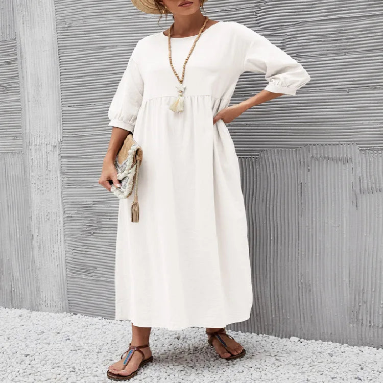 Women's Cotton Linen Dress Summer Fashion Vintage Loose Solid Lantern Sleeve Pocket Dresses O-Neck Long Femel Robe Ladies Wear