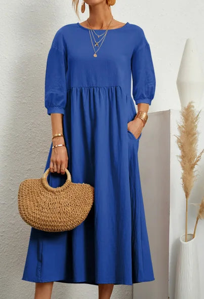 Women's Cotton Linen Dress Summer Fashion Vintage Loose Solid Lantern Sleeve Pocket Dresses O-Neck Long Femel Robe Ladies Wear