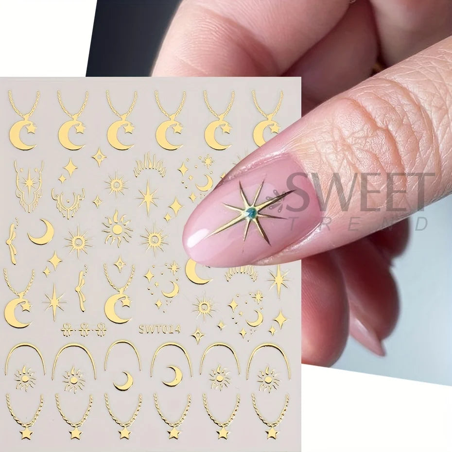 3 pcs Autocollants d'Ongles Bronzing Y2K Ailes d'Ange Étoile Lune Collier Décalcomanies Argent Or Motif Cadenas de la Saint-Valentin Accessoires de Manucure