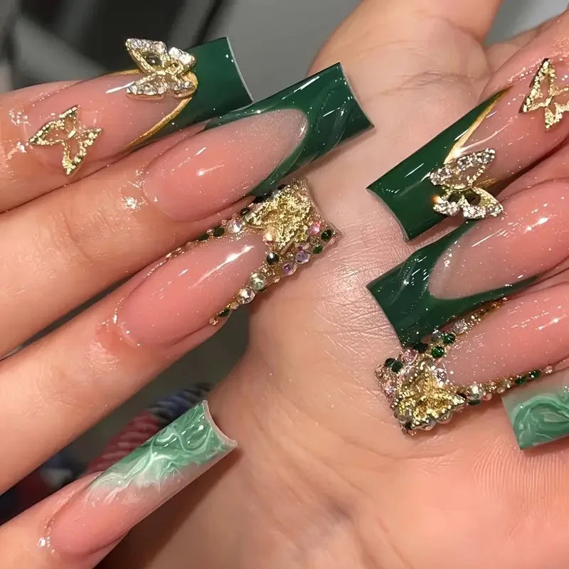 24 faux ongles carrés longs à poser avec imprimé léopard, design français 3D cerise, strass, couvrant entièrement