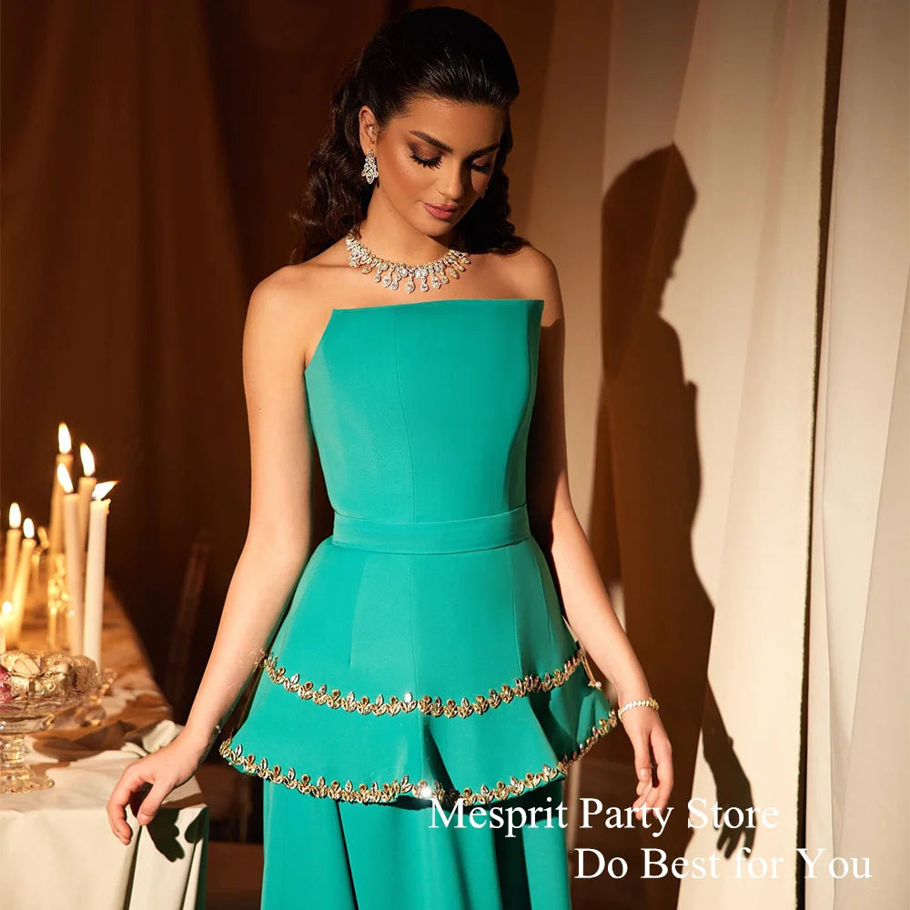 Green Evening Dress Crystals Customized Peplum Occasion Dresses Strapless Sleeveless Sweep Train A Line Corset Saudi Prom Gown