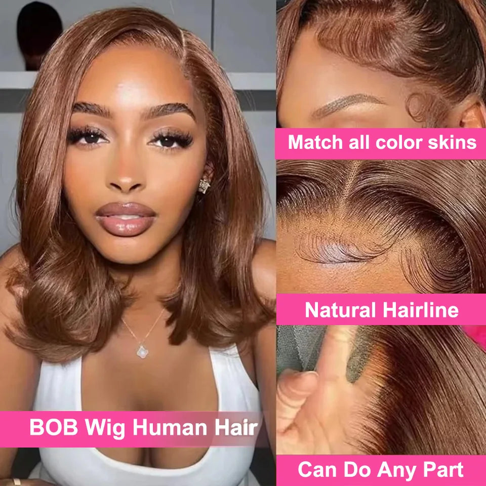 Perruque Bob Brune Chocolat Lisse 4X4 Frontal en Dentelle HD Lisse Ligne Naturelle Cheveux Pré épilés Cheveux Humains  16 pouces