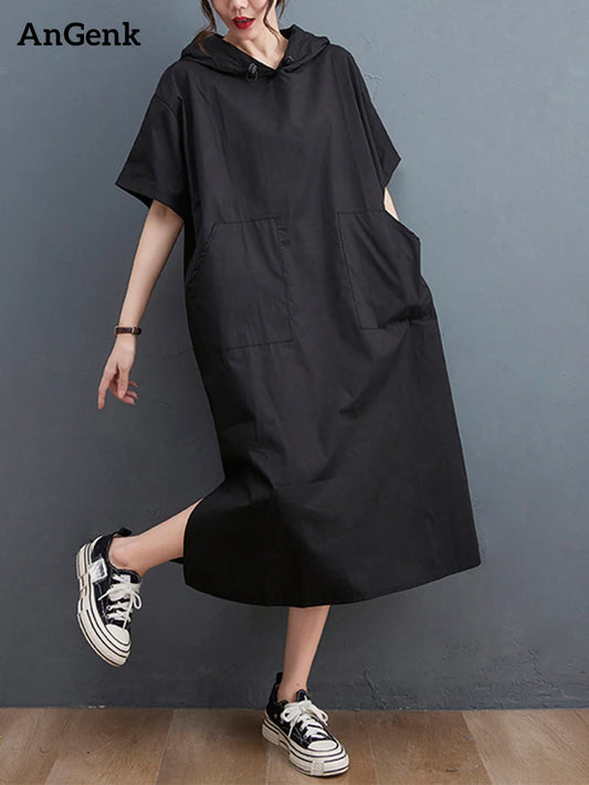 Women's Black Vintage Oversized Dresses New Hooded Short Sleeve Loose Casual Long Summer Dress Fashion Elegant Clothing 2026