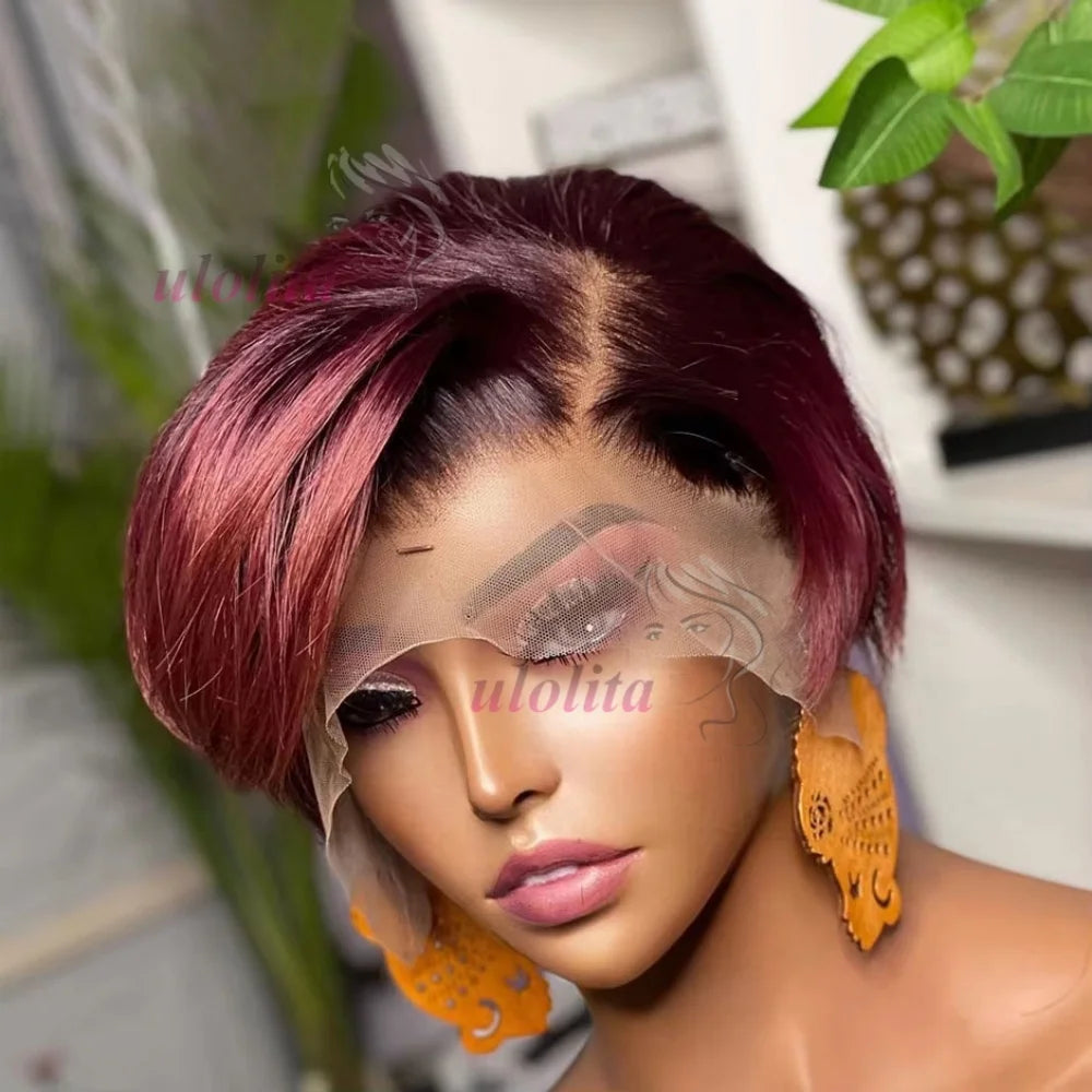 OmbreT1B/99J Short Pixie Cut malaysianRemy Human Hair Wigs To Wear Glueless Straight Hair Perruques Bob Court Cheveux Humains