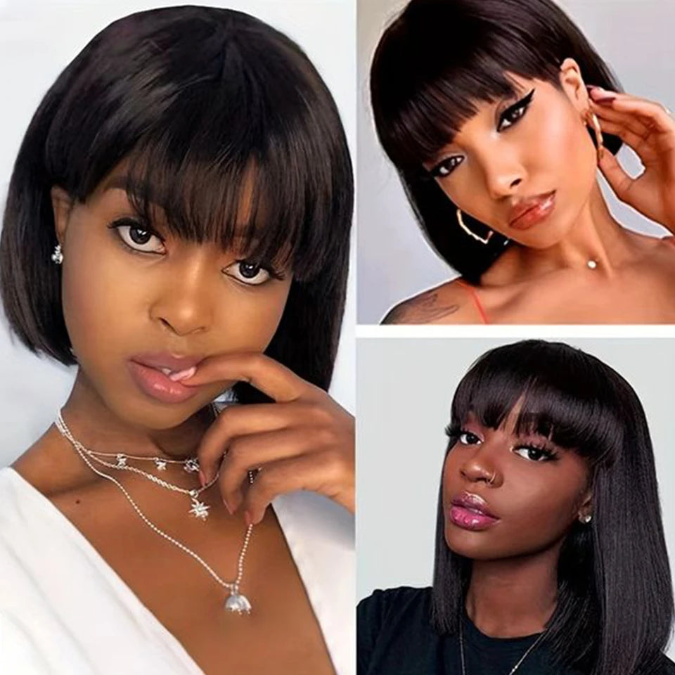 Brazilian Short Straight Hair Bob Wigs Human Hair Wig With Bangs Remy Full Machine Made Wig for Women Non Lace Glueless Bob Wig