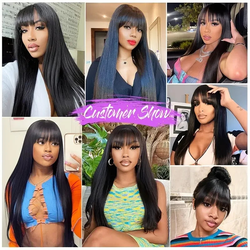 Peruvian Straight Human Hair Wig With Bangs Full Machine Made Wig 250% Density Perruques Cheveux Humains Cheap On Sale Clearance