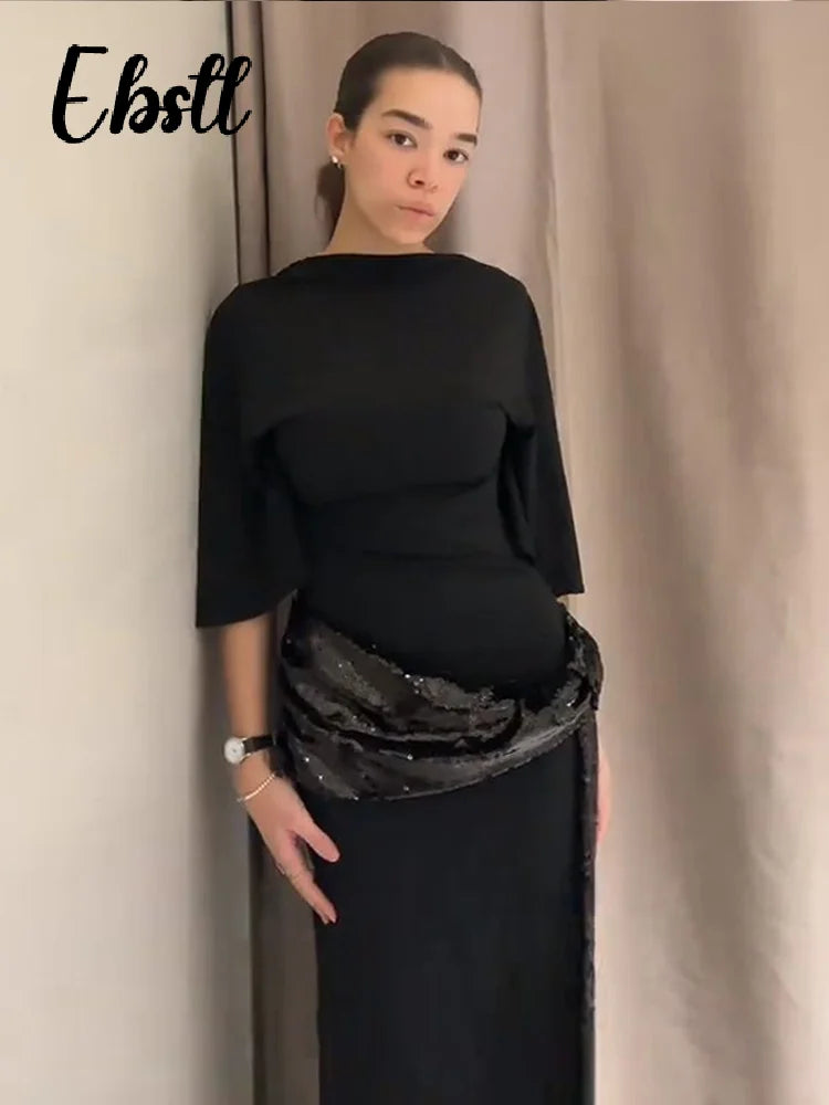 Sexy Sequins Splicing Backless Dresses Women's Elegant Short Sleeve O-neck Ribbons Long Robes 2026 Spring New Ladies Chic Dress