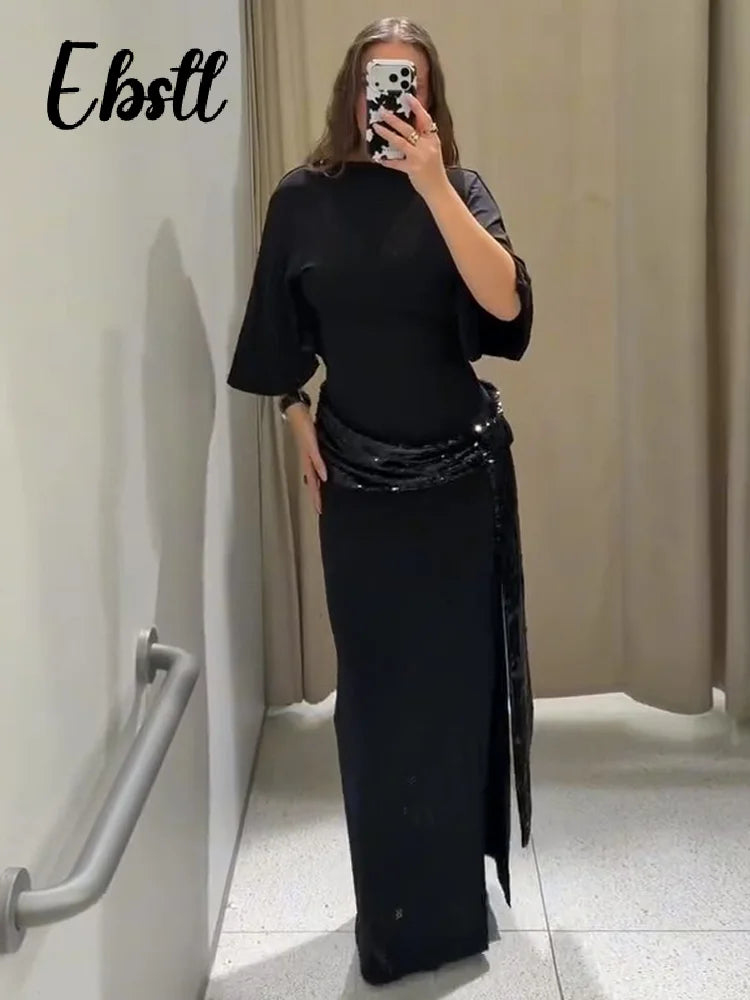 Sexy Sequins Splicing Backless Dresses Women's Elegant Short Sleeve O-neck Ribbons Long Robes 2026 Spring New Ladies Chic Dress