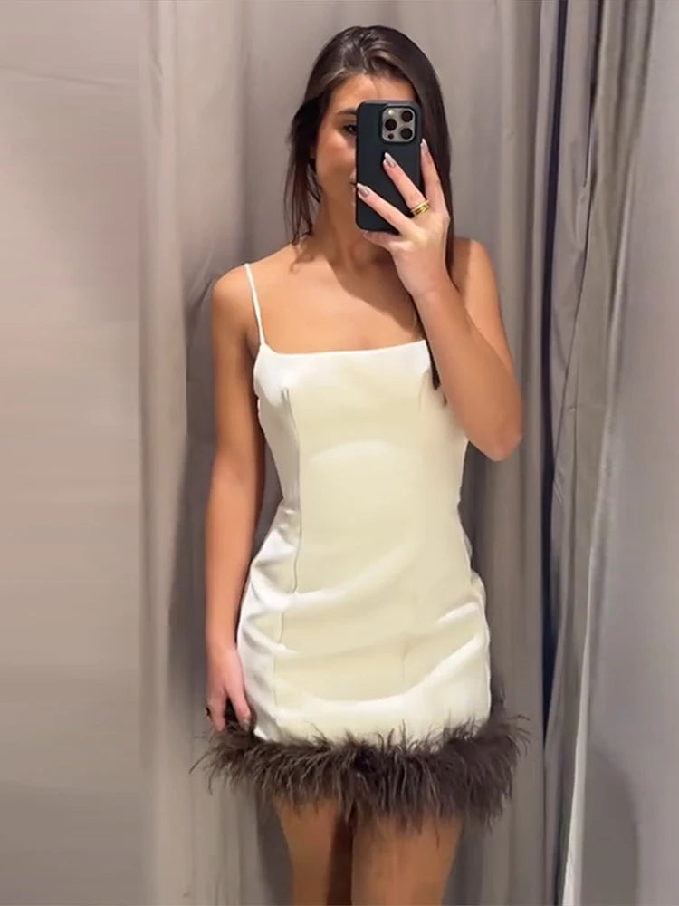 Elegant Fur Patchwork Women's Slip Dress Sleeveless Lady Mini Dresses 2026 Spring New Chic Female Party Ball Evening Robe