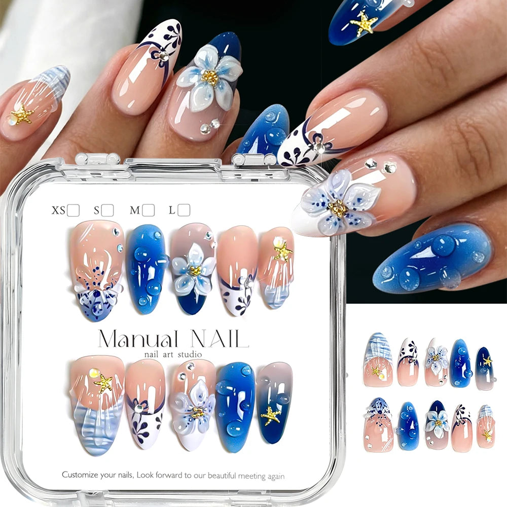 24 pièces ongles faux français cercueil longs rétro fleurs perles caviar design floral doré creux press on Y2k acrylique faux ongles