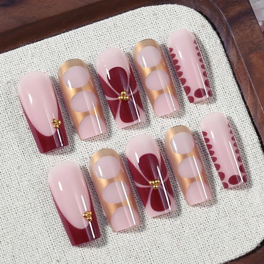 24 pièces ongles faux français cercueil longs rétro fleurs perles caviar design floral doré creux press on Y2k acrylique faux ongles