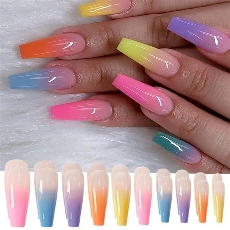 24 pcs/sac Faux Ongles Longs Cercueil Arc-en-ciel Ballerine Couverture Complète Ongles Artificiels Conseils de Manucure Beauté Faux Ongles Manucure Charms