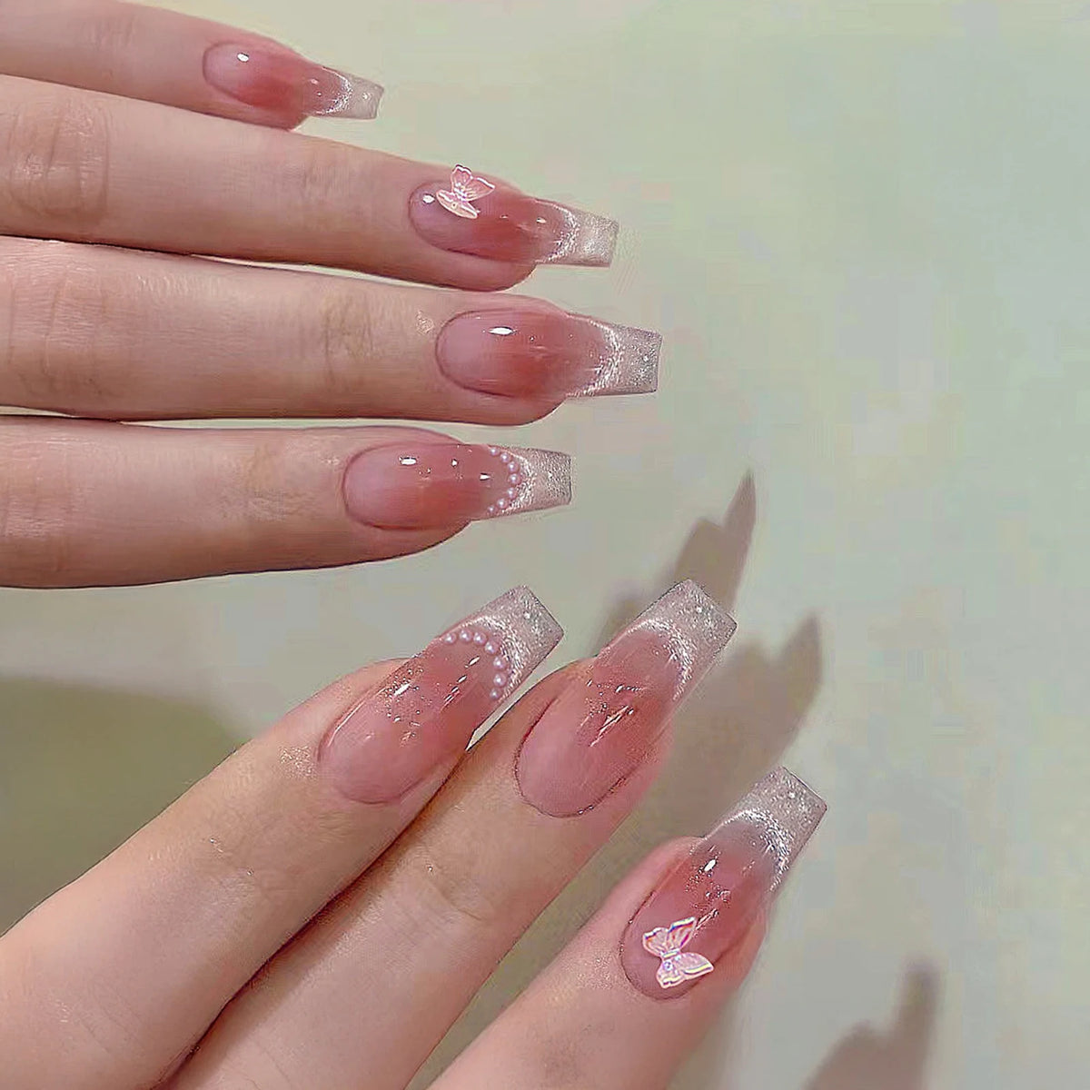 10 pièces d'ongles pressés papillon roses, yeux de chat, blush, faux ongles faits main DIY pour femmes, mariage, fête